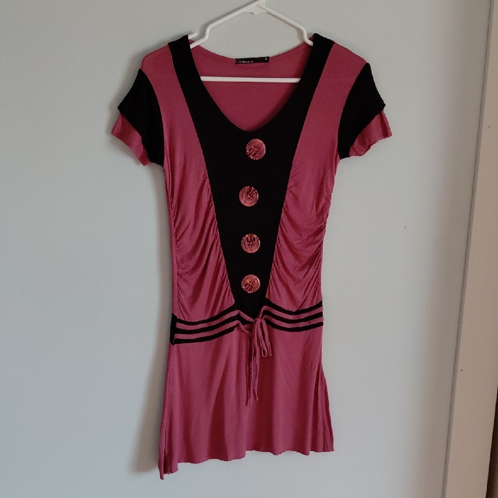 Y2k 90s Short Sleeve Tunic Shirt Blouse Pink Black Retro Mod Colorblock Quirky